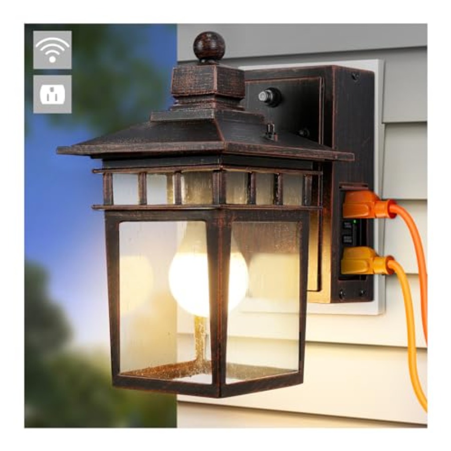 Solar Wall Sconce - إضاءة خارجية مع مأخذ كهربائي GFCI،